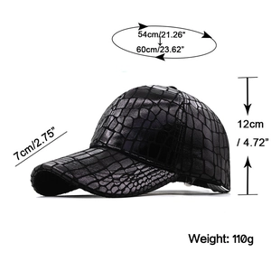 Black crocodile pattern PU leather baseball cap shown at a 45-degree angle with dimensions