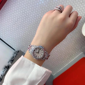Macro view of luxurious silver quartz watch with full diamond inlay and Roman numerals