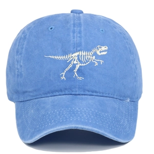 Blue washed cotton baseball cap with white dinosaur skeleton embroidery for men and women