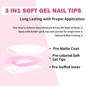 3-in-1 soft gel nail tips with pre-matte coat, pre-colored pink, and pre-buffed inner base