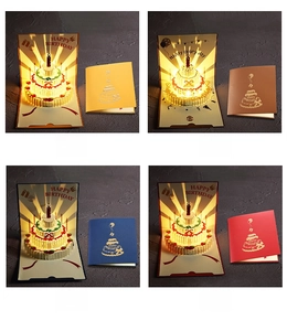 Macro detail of 3D pop-up birthday cards with LED lights and music in four colors