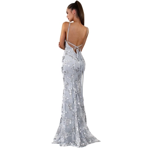 Elegant silver sequin backless evening gown with a slim fisheye silhouette and thin straps