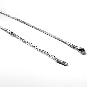 Macro view of stainless steel square snake chain with lobster clasp and extension