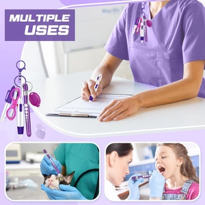 Detail of purple medical nursing kit with pupil penlight and scissors in clinical use