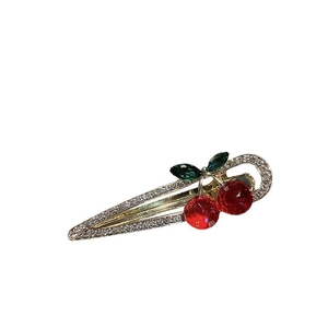 Golden cherry hair clip with red beads and sparkling rhinestones for women hair styling