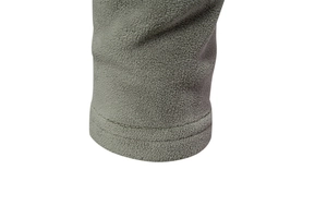 Detailed close-up of grey polar fleece fabric texture and stitching on men's hoodie