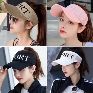 Women Sun Visor Hat Knitted Breathable Empty Top Sport Letter Wide Brim Outdoor Beach Tennis Elastic Headband