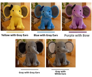 Close-up of plush elephant dolls in five soft colors with cute ear details for babies