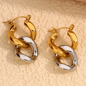 Minimalist Chain Link Stud Earrings Stainless Steel 18K Gold Plated Two Tone Geometric Interlocked Circles For Women