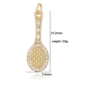 Detail view of a gold tennis racket pendant with clear zircon inlay and size dimensions