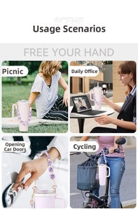 Pink tumbler with purple daisy woven lanyard shown in four daily lifestyle scenarios