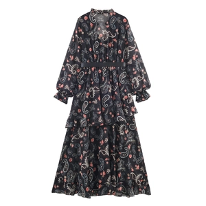 Boho chic black chiffon maxi dress with floral paisley print, V-neck and tiered skirt