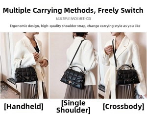 Detailed views of the black quilted shoulder bag showing handheld, shoulder, and crossbody styles