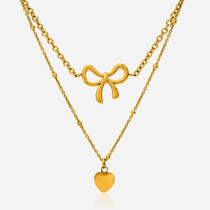 Stainless Steel Double Layer Necklace With Bowknot Heart Pendant 18K Gold Plated Sweet Romantic Jewelry For Women Gift