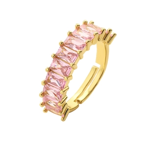 Adjustable golden ring with pink rectangular zirconia stone and open band design