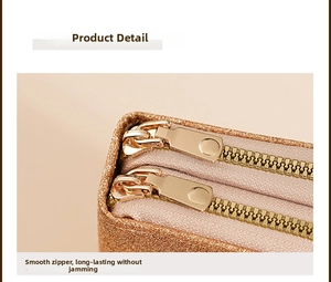 Detail of the glittering bronze fabric and durable golden double metal zippers