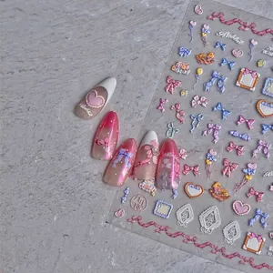 3D embossed nail stickers with pink bow hearts and rabbit patterns for DIY manicure