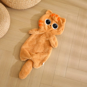 Cute long orange cat plush body pillow cover with soft tail on wooden floor
