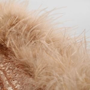 Close-up of champagne gold sequins and soft ostrich feather trim on the party dress
