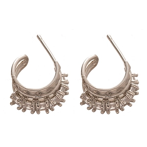 Polished silver-plated C-shaped stud earrings with zircon stones on a white background