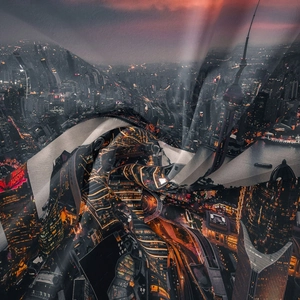 Detail of bohemian tapestry featuring Shanghai skyline at night with soft fabric texture