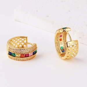 Minimalist gold-plated hoop earrings featuring colorful cubic zirconia and heart cut-outs