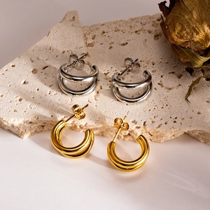 Double Layer C Shape Stud Earrings Stainless Steel 18K Gold Plated Minimalist Geometric Style Jewelry For Women