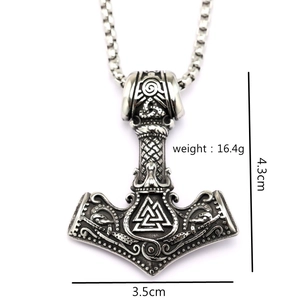 Nordic Viking Mjolnir pendant in stainless steel with Valknut patterns and dimensions