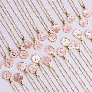 26 initials round pendant necklaces with pink shell inlay on gold plated chains