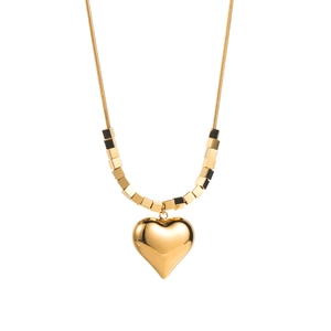 Golden heart pendant necklace with square bead accents on a sleek snake chain