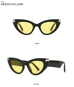 Detailed front and side views of trendy zebra pattern cat-eye sunglasses with yellow lenses