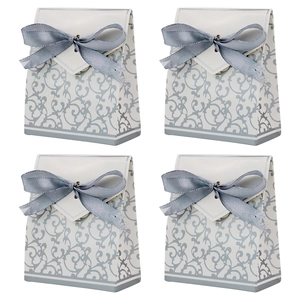 Baroque style silver candy gift boxes with elegant silk ribbons in a 4-piece layout