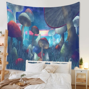 Detail of bohemian mushroom forest tapestry hanging as a decorative bedroom backdrop