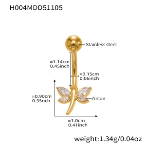 Detailed dimension guide for golden stainless steel dragonfly belly ring with zircons