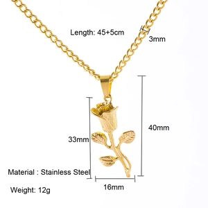 Detailed technical diagram of a golden stainless steel 3D rose pendant necklace