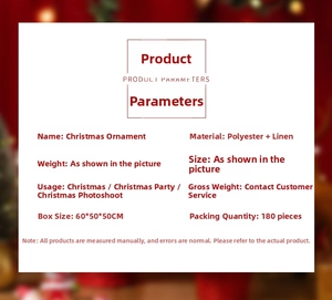 Detailed specification chart for Christmas pendants made of polyester and linen fabric