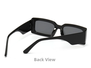 Detail view of the durable hinges and interior specs on these black rectangular sunglasses