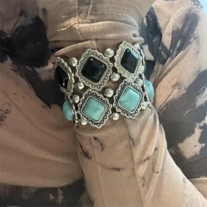 Bracelet Élastique Rétro Bohème Alliage Géométrique Carré Résine Incrusté Style Ethnique Bijoux Accessoires Pour Femmes