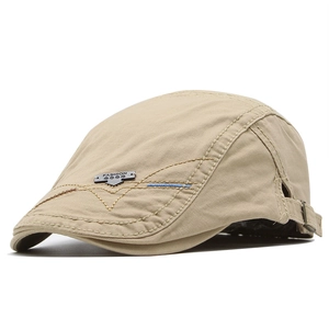 Men Vintage Cotton Flat Cap Adjustable Ivy Newsboy Hat Metal Label Embroidery Casual Retro Accessory