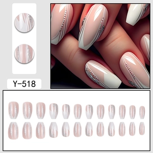 French tip coffin fake nails with silver glitter lines and rhinestones, 24pc set
