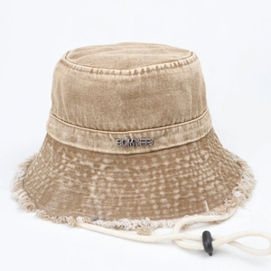 Cappello da pescatore in denim lavato kaki vintage con bordi sfrangiati e laccio