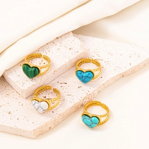 Minimalist Stainless Steel Heart Ring For Women Men Twisted Texture Band Adjustable Open Heart Stone Ring Fashion Jewelry Gift