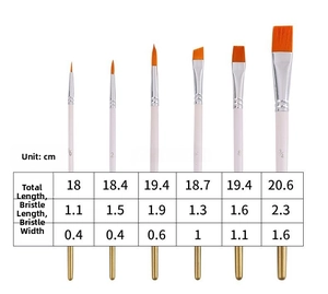 Size chart for 6-piece paint brush set showing total length and bristle dimensions in cm