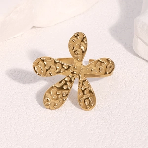 Hammered gold flower ring in 18k stainless steel with adjustable open band for women
