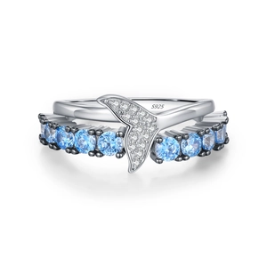 Elegant S925 sterling silver mermaid tail ring with sky blue cubic zirconia stones