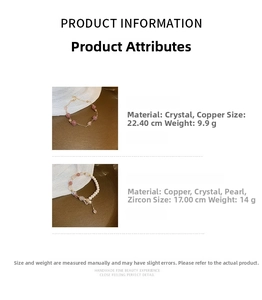 Detailed size and material specs for pink crystal heart and pearl charm bracelets