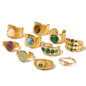 French vintage style gold stainless steel rings set with colorful gemstones in various shapes
