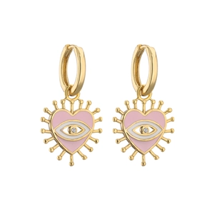 Detail of gold heart earrings with pink enamel and evil eye zircon inlay design