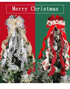 Dual Christmas bows with plaid and truck patterns on snowy festive tree tops
