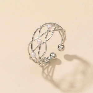 Minimalist silver woven cross open ring featuring three elegant pink pearls for women